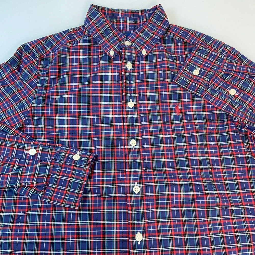 Ralph Lauren Boys Size M (10-12) Plaid Button Down Shirt Red Blue Preppy Classic